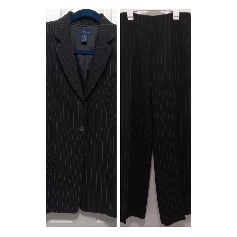 Ann Taylor Womens Black Pinstripe 3-Button Blazer & Wide Leg Pant Suit Size 8